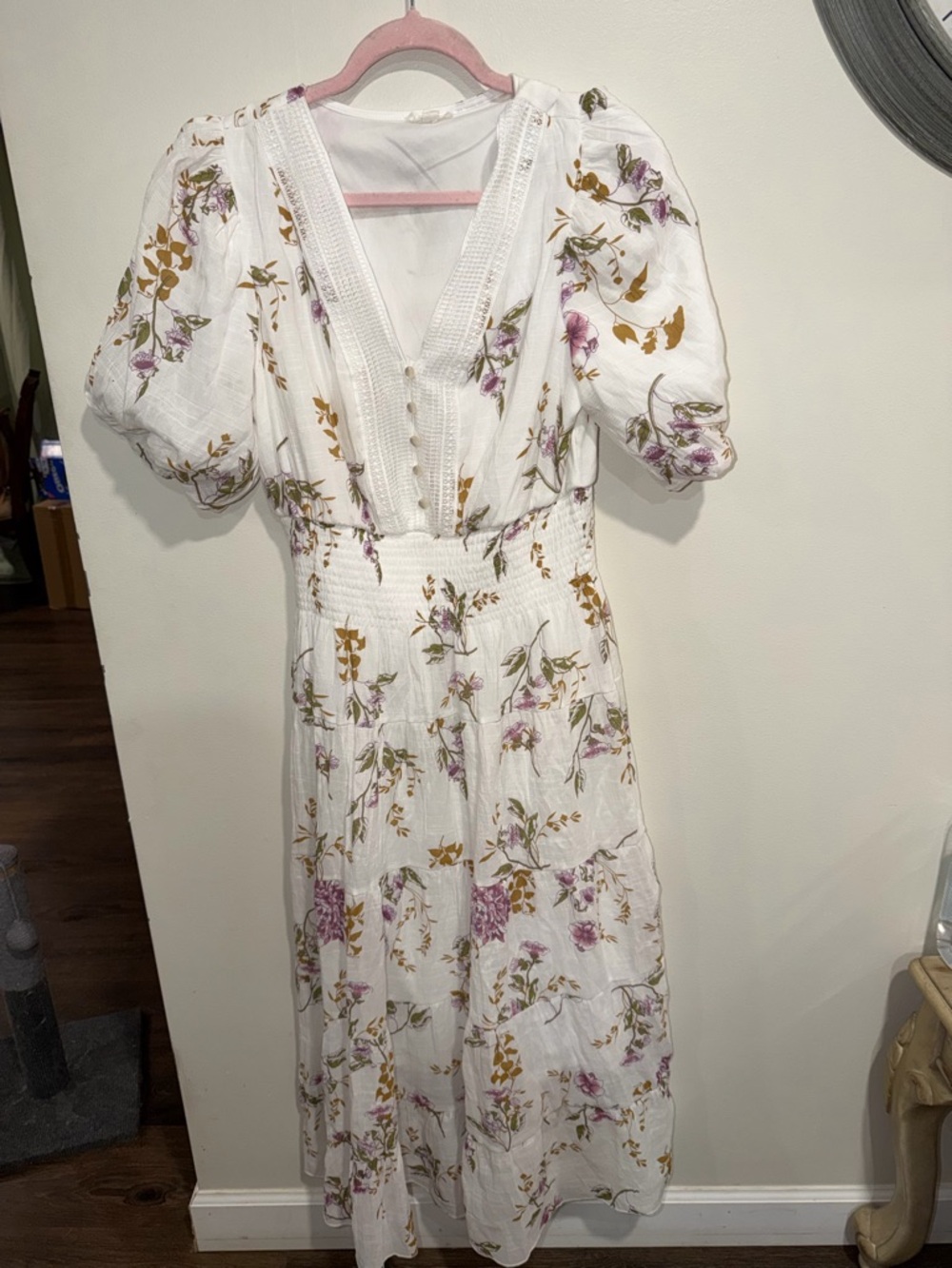 White Floral Midi Dress with Puff Sleeves